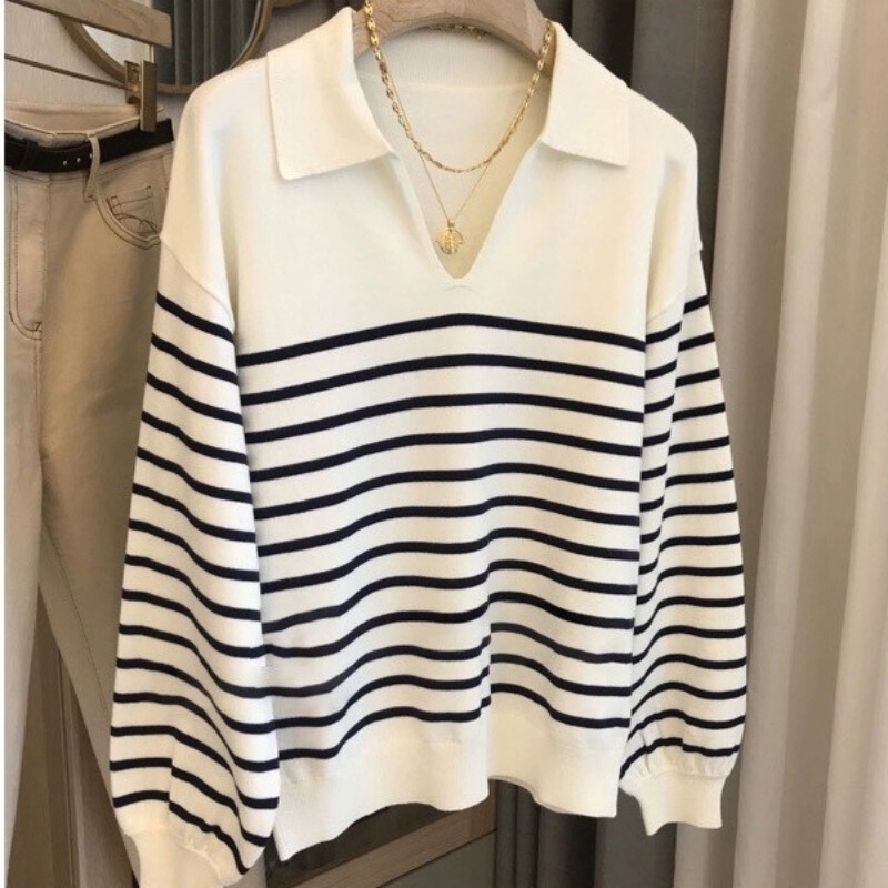Popular Early Autumn Polo Collar Knit Sweater, Loose and Casual Turn-Down Collar Sweater, Versatile Striped Base Shirt Top