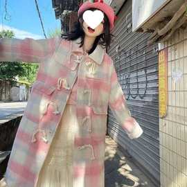 粉色格纹小个子大衣女新款学院风复古中长款牛角扣外套女秋冬