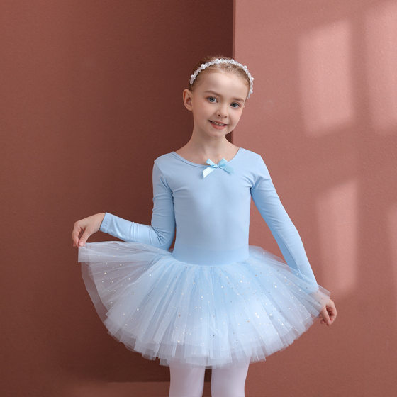 Children's Dance Clothes Pure Cotton Spring and Autumn Long-sleeved Girls' Practice Clothes Blue Children's Ballet Sequin Dress Chinese Dance