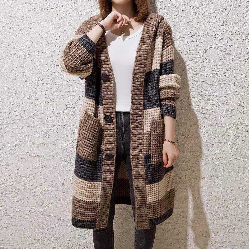 Casual Loose Fit Chunky Knit Mid-Length Hooded Cardigan for Women 2026 Spring and Autumn Women's Sweater Coat