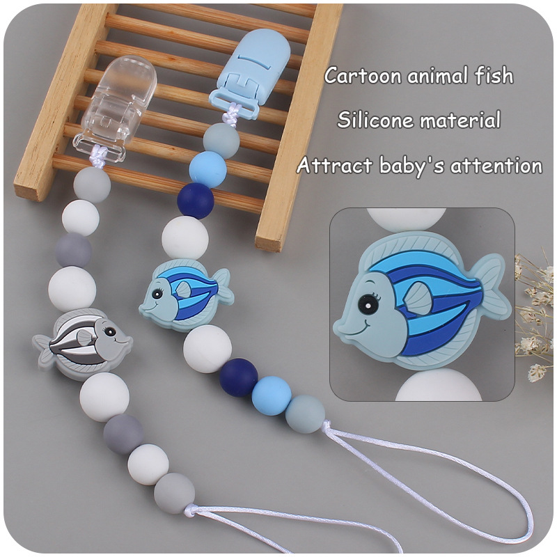 Nuevo bebé suministros chupete cadena creativa bebé dibujos animados pescado silicona mordedura molar anti-gota cadena
