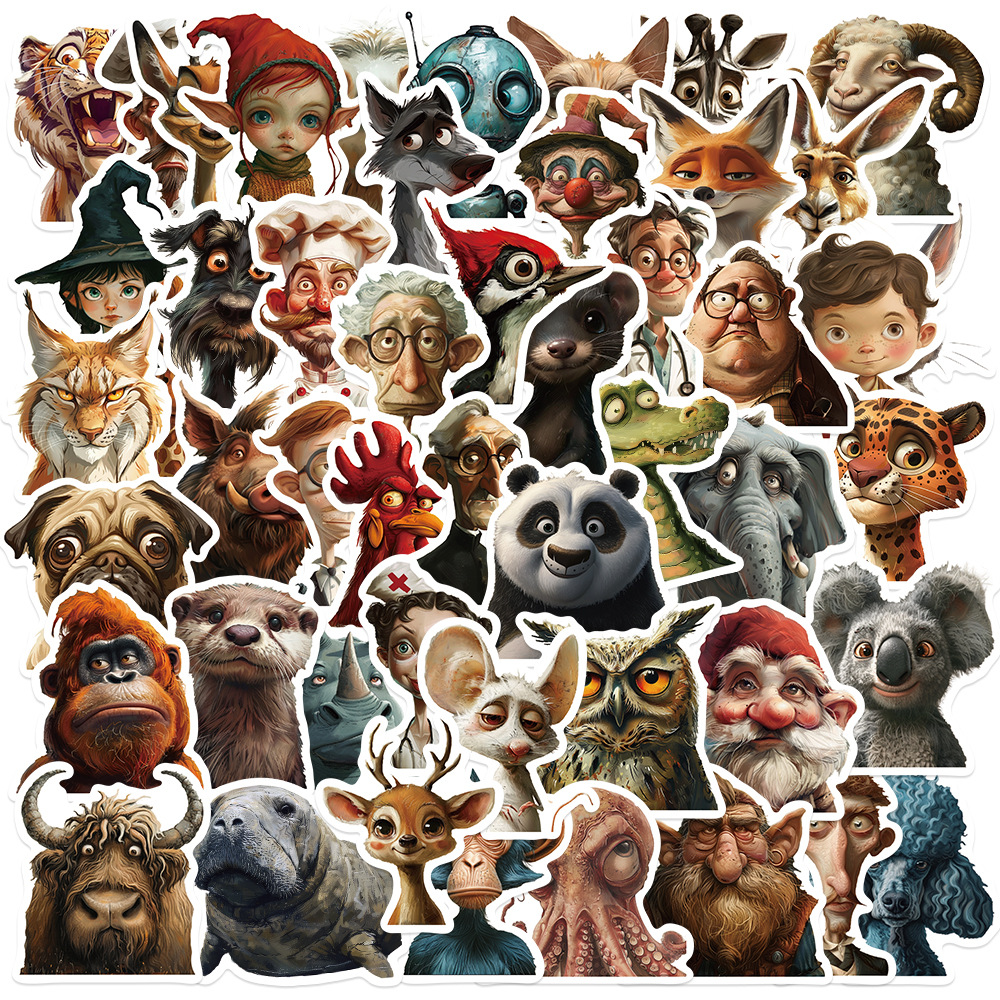 50张怪诞风动物肖像画贴纸手账素材diy笔记本行李箱水杯贴画批发