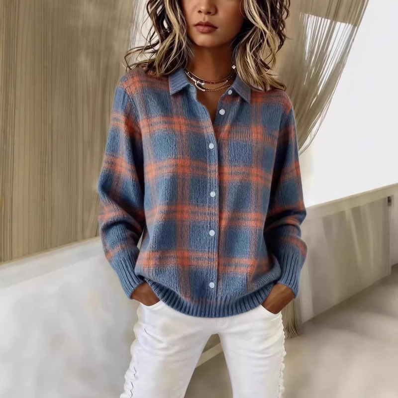 2025 New Cross-Border Hot-Selling Women's Shirt with a Turn-Down Collar, Knitted Jacquard Cardigan, European and American Style, Christmas Autumn and Winter Top 2025 New Cross-Border Hot-Selling Women's Shirt with a Turn-Down Collar, Knitted Jacquard Cardigan, European and American Style, Christmas Autumn and Winter Top