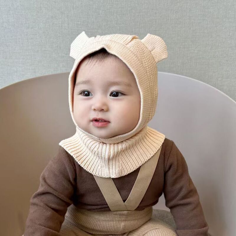 婴儿帽子围巾一体帽韩系宝宝可爱小耳朵披肩帽针织护耳保暖毛线帽|undefined