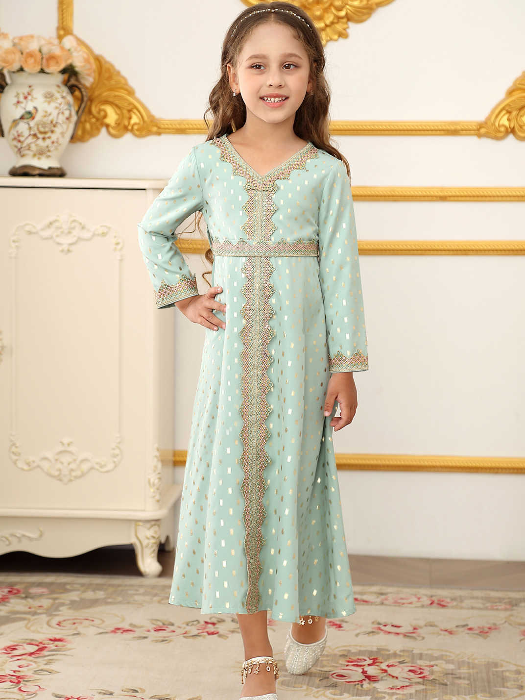 Nuevo vestido largo de impresión de niñas de encaje largo transfronterizo vestido infantil vestido de mangas largas vestido de niña