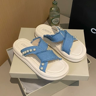 法式绝美配裙子牛仔布拖鞋女夏外穿4cm厚底珍珠凉拖鞋海边沙滩鞋