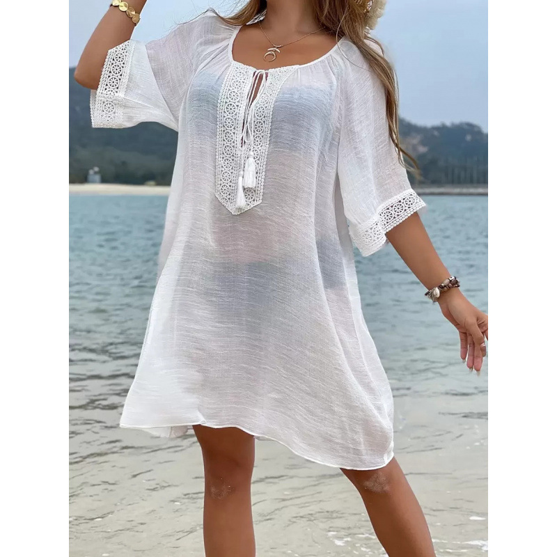 2025 comercio exterior mujeres Beachwear damas verano con bordas encaje de contraste