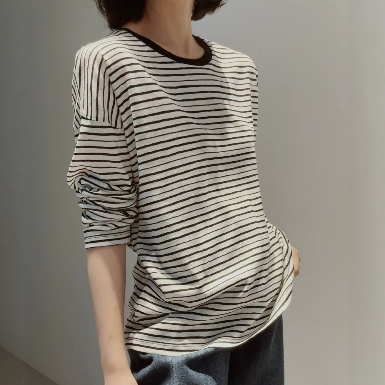 条纹衫真丝亚麻细条纹长袖针织T恤天丝宽松上衣女新款亚麻针织衫