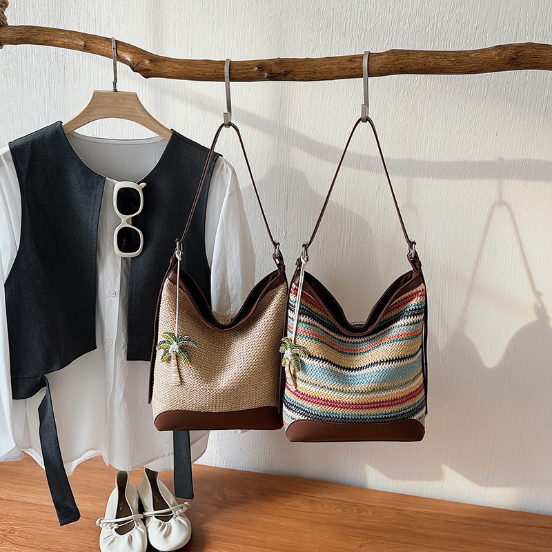 Bolso cesta de almacenamiento, bolso de mano de ratán, bolso de hombro tejido, ratán natural y hierba marina hechos a mano, ribete de cuero, ecológico, ligero, duradero para uso diario_voghion.com
