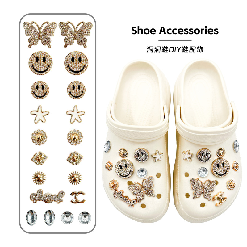 Cross-Border Xiaohongshu Hot-Selling Golden Butterfly Smiley Hole Shoes DIY Accessories Jewelry Set Shoe Flowers