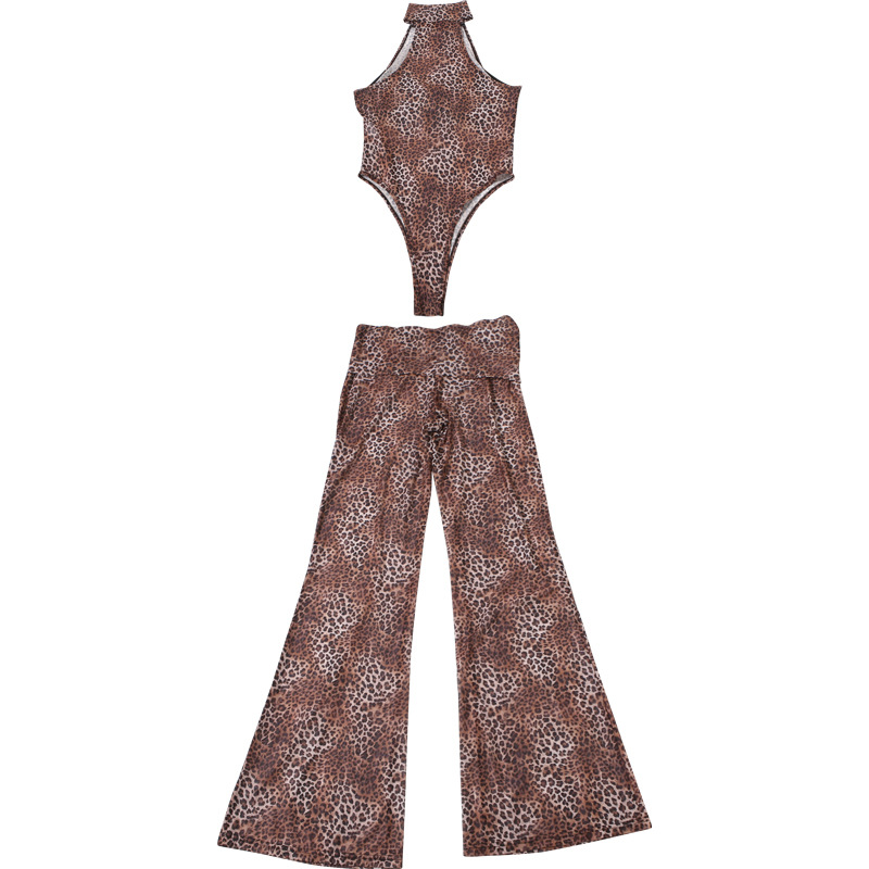 Spring Sexy Waist Trimming Contrast Color Sleeveless Leotard High Waist Leopard Print Trousers Two Piece Sets