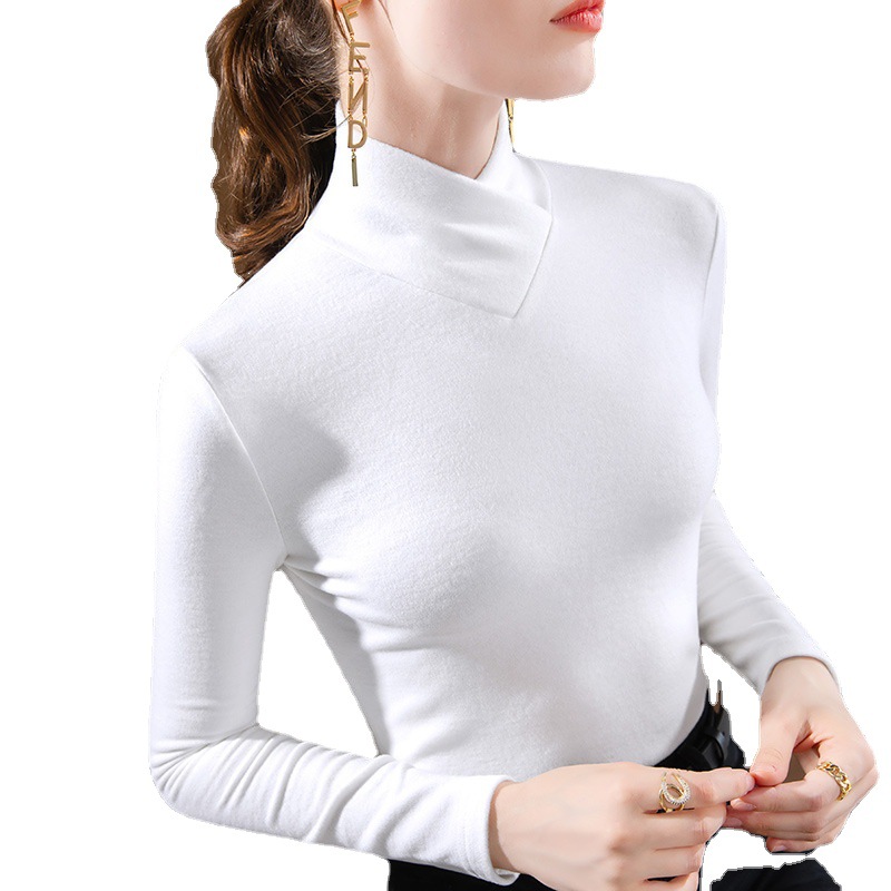 Camiseta DeRong para mujer, estilo nuevo otoño-invierno 2024, top con cuello en V superpuesto, camiseta cálida de manga larga, cuello en V versátil.