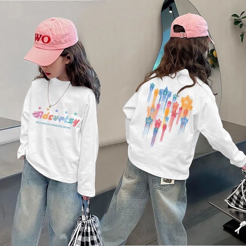 Cross-border pure 100 girls' long-sleeved T-shirt, stylish autumn top for medium and large girls, versatile for autumn and winter, suitable for layering.
