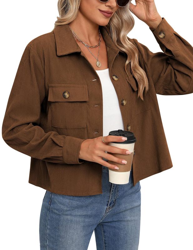 Amazon 2024 ホットスタイルヨーロッパとアメリカの女性のファッションカジュアルショートシャツコーデュロイボタンへそ出しジャケットトップ|undefined