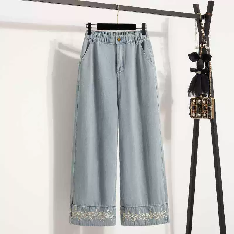 Настоящая фотография со складок: новые универсальные однотонные свободные укороченные джинсы с вышивкой для похудения больших размеров.