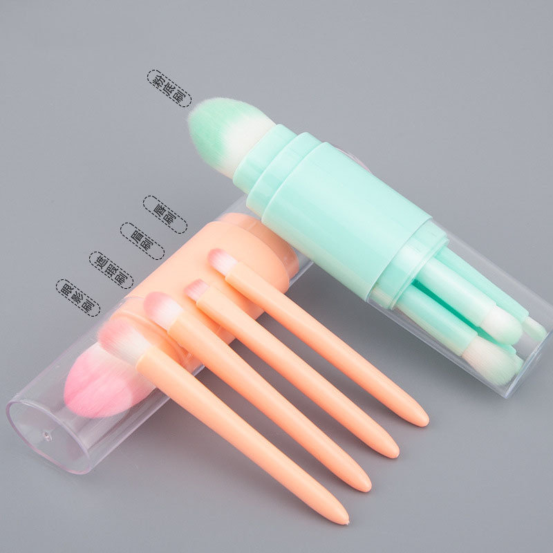 Cinco en uno cepillo de maquillaje portátil de doble cabeza con tapa cepillo de blush en polvo cepillo de sombra de ojos herramienta de maquillaje multifuncional