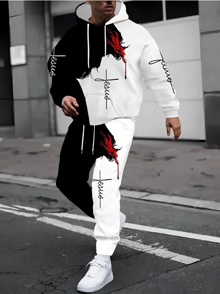 2025 Cross-Border American Popular Suit Men's 3D Digital Printing Trendy Hooded Sweatshirt and Sweatpants Suit
