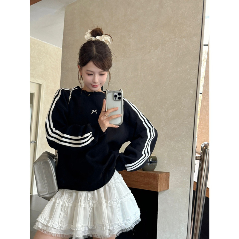 Korean Style Spicy Girl Three-Stripe Bow Black Sweatshirt for Women, Spring and Autumn Loose Fit Slimming Sporty Round Neck Top Jacket