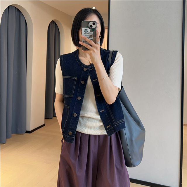 Vintage Tannin Blue Denim Vest Women's Spring and Summer Loose All-match Short Vest Jacket Trendy Vintage Tannin Blue Denim Vest Women's Spring and Summer Loose All-match Short Vest Jacket Trendy