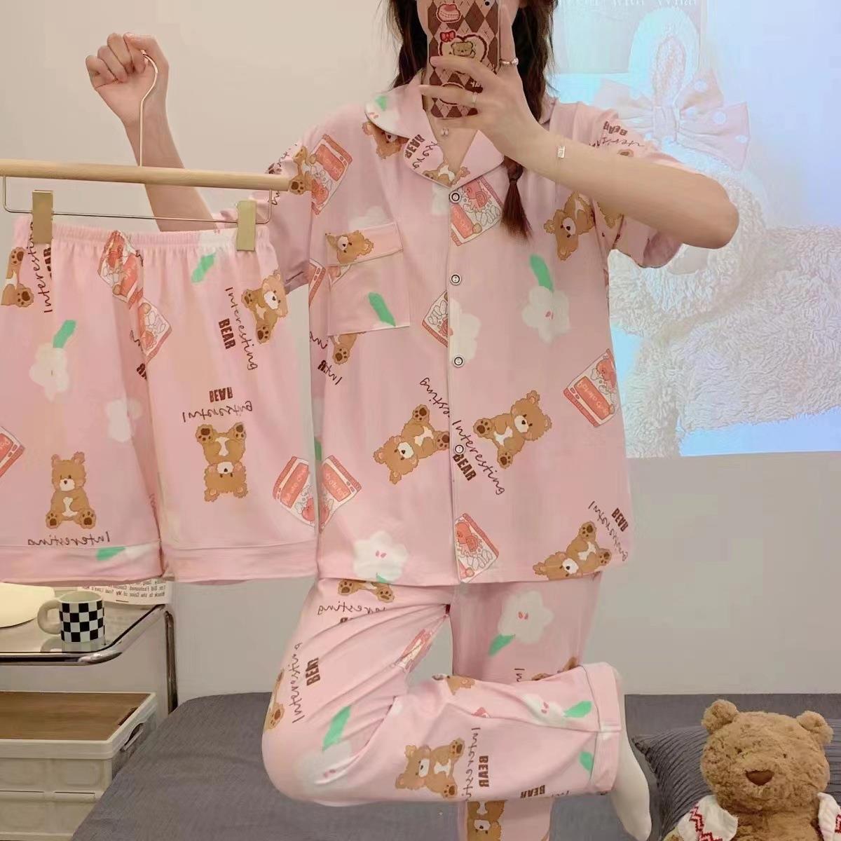 Pijamas de verano para mujer 2025, nuevo conjunto de tres piezas de cárdigan de manga corta, talla grande, delgado, pantalones largos, conjunto de ropa para estar en casa