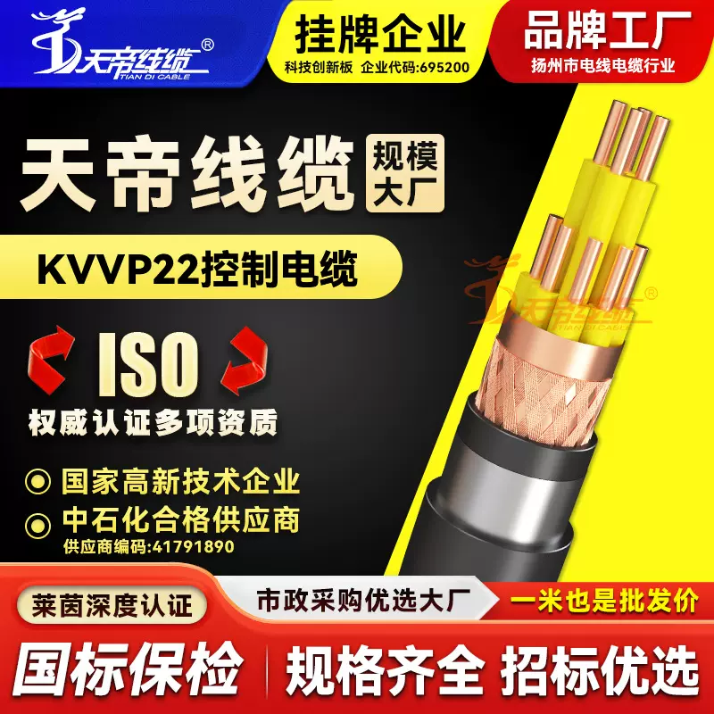 天帝KVVP22钢带铠装控制电缆编织屏蔽2 3 4 5 6芯1 1.5 2.5 4平方