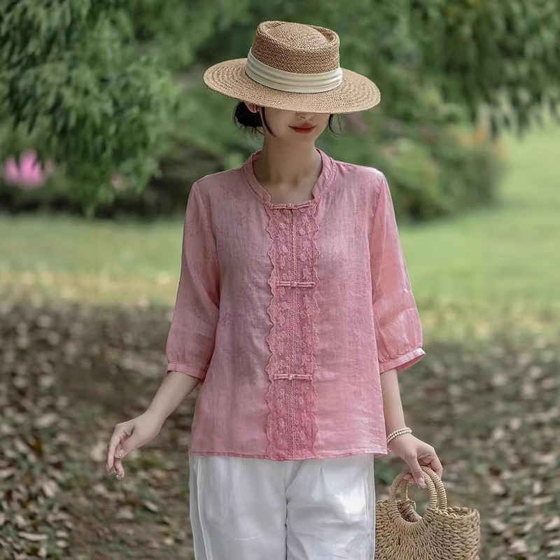 2025 Summer New Style Burned Ramie Lace Pullover Top Retro Literary Style Seven-point Sleeve Lace Elegant Shirt