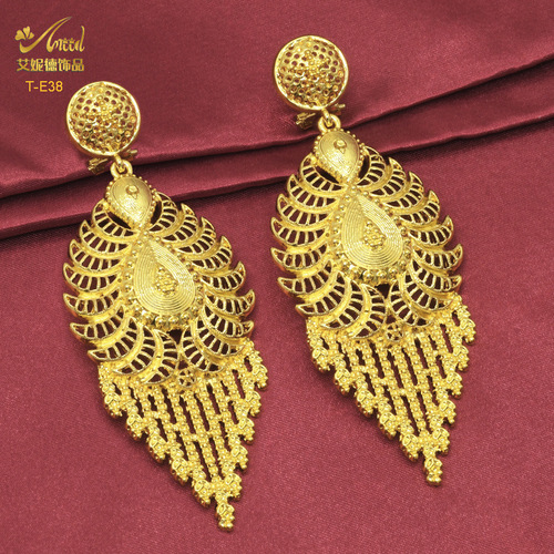 Enid Middle East Bridal Gold-Plated Long Earrings, Wedding Jewelry Pendant Earrings Wholesale, Dubai 24K Copper Ear Accessories