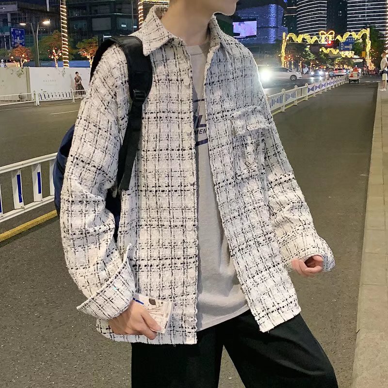 French Chanel style coat men's autumn clothes high-grade houndstooth tweed coat couple wear oversize jacket