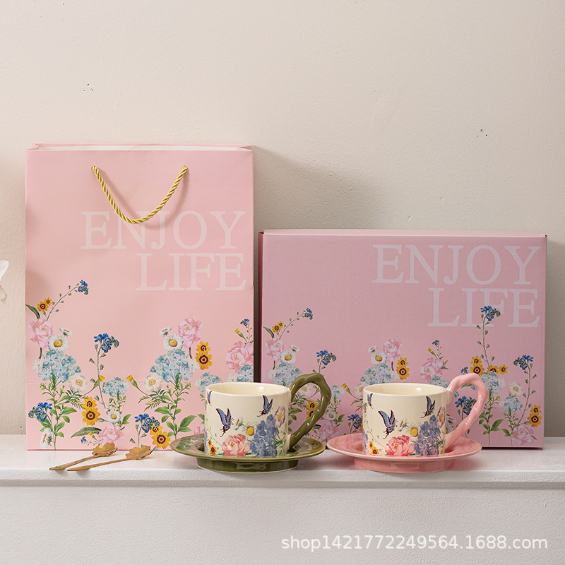 レトロ油絵コーヒーカップ皿セット陶磁器マグカップ小衆カップルカップ蝶コーヒーカップ皿ギフトボックス|undefined