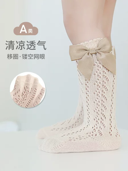 Baby Girl's Spring and Summer Thin Hollow Breathable Long Tube Princess Socks Bow Spanish Girls High Tube Cotton Socks