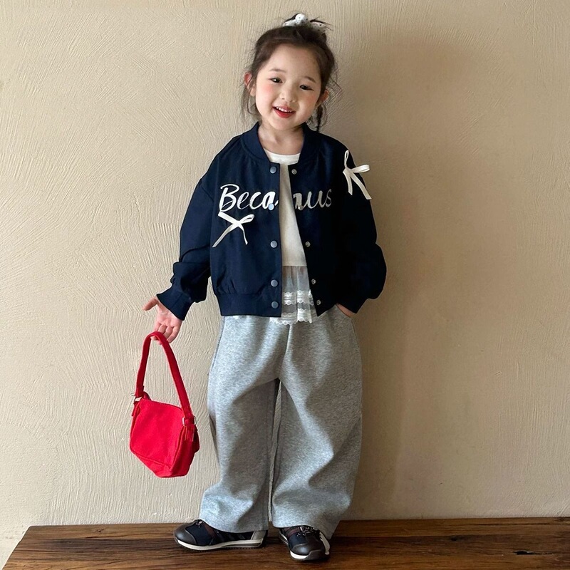 Girls' Jacket Autumn 2026 New Stylish Spring and Autumn Bowknot Baseball Jacket for Toddlers and Young Children Trendy Top