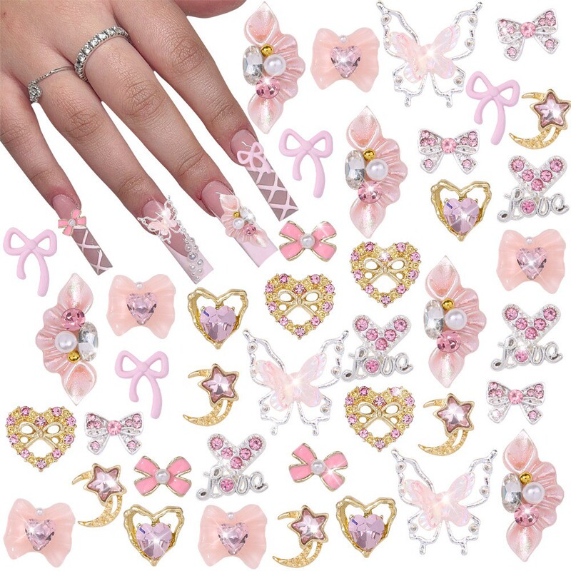 30Pcs Nail Jewelry Y2K Alloy Nail Art Rhinestone Nail Jewelry Heart Bow Cherry Nail Drill