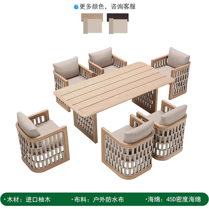 Mesas y sillas de ratán de teca al aire libre Combinación Villa Patio Jardín Mesa al aire libre Mesa larga de ocio Muebles de solárium al aire libre