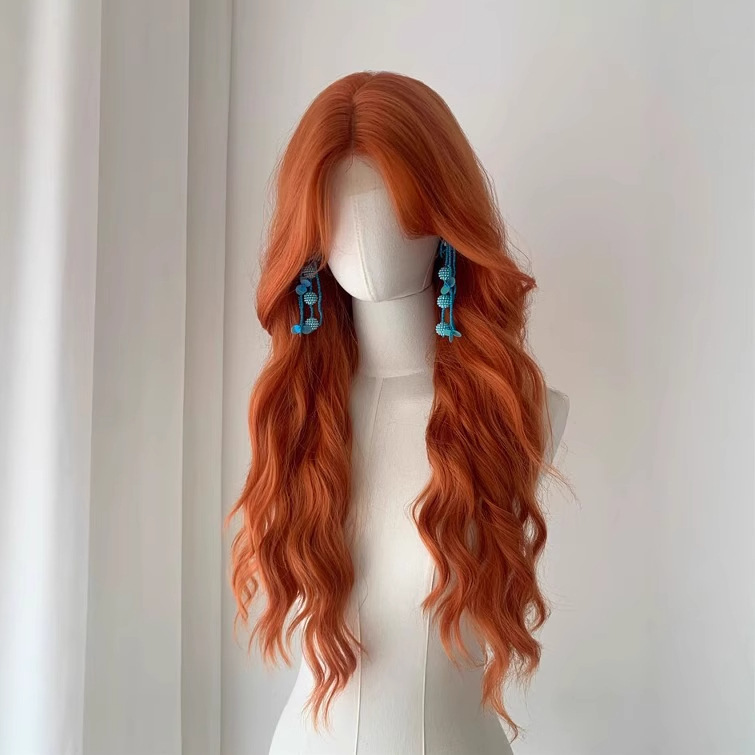 [California Hot Girl] Wig Full Headgear for Women with Middle Parted Bangs and Lace Orange Long Curly Hair with Water Ripples