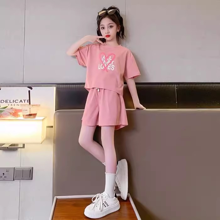 Mädchen Sport Zweiteiler Mode 2024 Neue Damen Kurzarm Set Kinder Lässiges Sommerkleid_voghion.com
