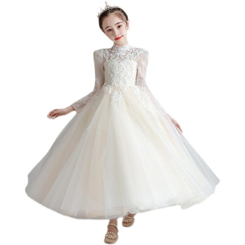 Girls' formal dress 2024 long-sleeved new style puffy lace flower children's wedding dress children's host piano performance performance suit 