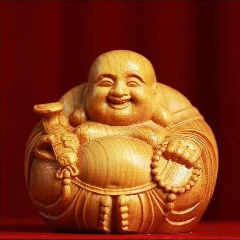 「団結」クスノキの木彫り笑い弥勒仏無垢材ハンドピース工芸品彫刻人物装飾品|undefined
