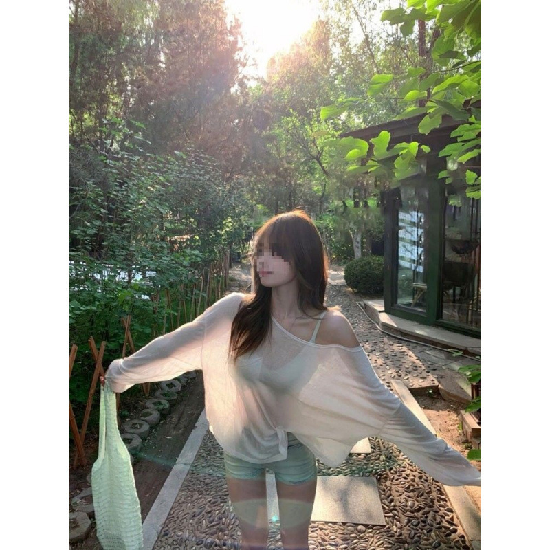 Sun Protection Clothes for Women Summer Sexy Swimsuit Cover-Up Loose Anti-Uv Ice Silk Thin Long-Sleeved T-Shirt Ins Top