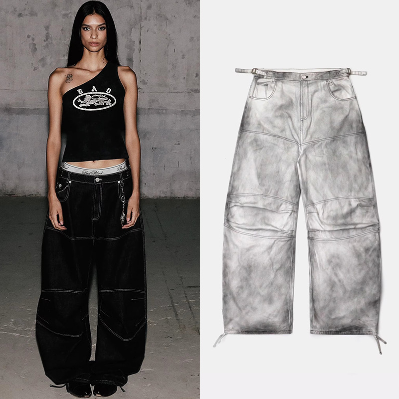 Badblood American Retro Tie-Dye Distressed Jeans, Trendy Casual Loose-Fitting Floor-Length Wide-Leg Pants