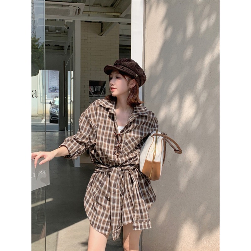 Retro Strappy Plaid Long-Sleeved Shirt Set for Women Autum 2025 New Casual Long Loose Slim Cardigan Shirt Retro Strappy Plaid Long-Sleeved Shirt Set for Women Autum 2025 New Casual Long Loose Slim Cardigan Shirt