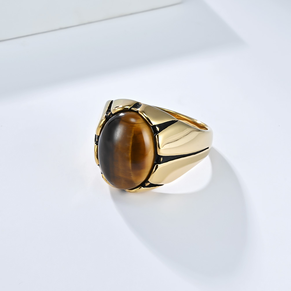 Men's Retro Titanium Steel Ring With Tiger Eye Gemstone Oval Egg Shape Black Stainless Steel Thumb Ring Bracelet_voghion.com