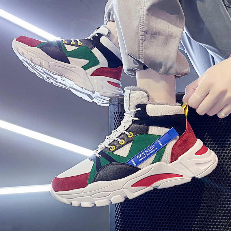 冬季男鞋新款老爹鞋加绒保暖东北男士休闲厚底中高帮鞋子男款