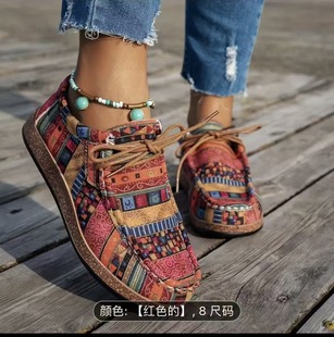 Spot Export Large Size Ethnic Style Lace-Up Flats for Women Low-Top Colorful Graffiti Canvas Flats Shoes Cross-Border Hot Style