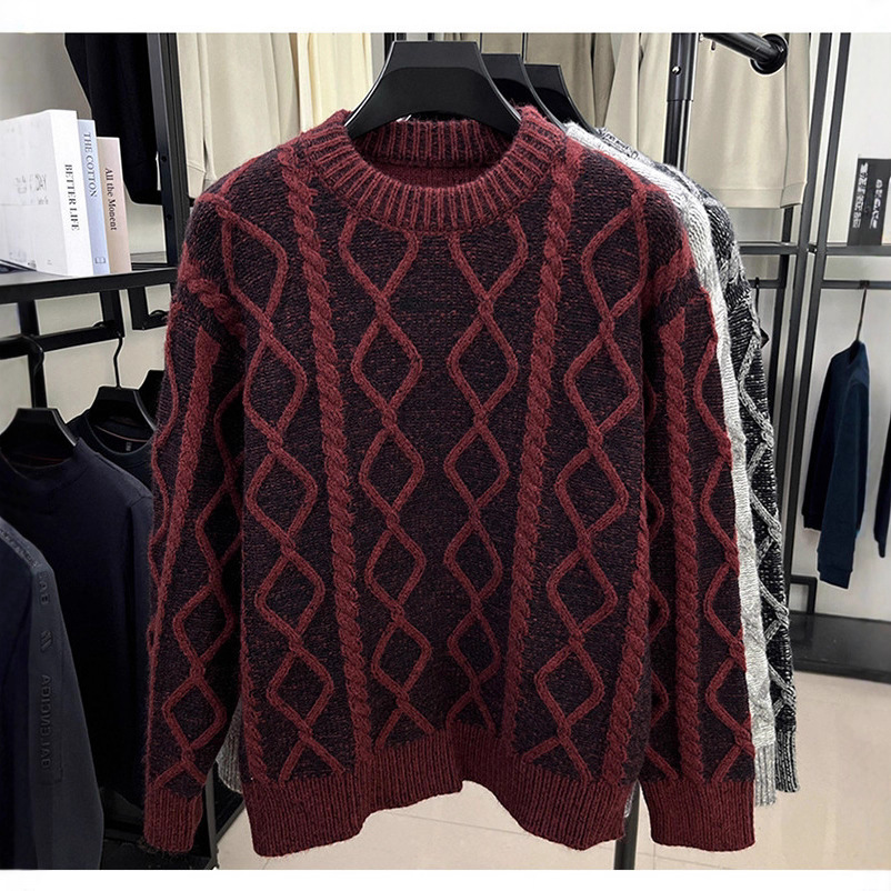 Suéter de color contrastante diamante hombre otoño invierno americano camisa de punto de alta calle marca de moda suelta de cuello redondo hombre suéter cálido