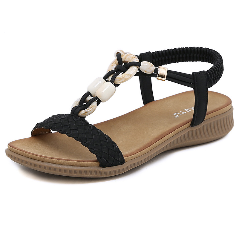 En stock Z2927-1 nuevo 2024 sandalias europeas y americanas de las mujeres retro hebilla tejida moda casual con cuentas sandalias de playa