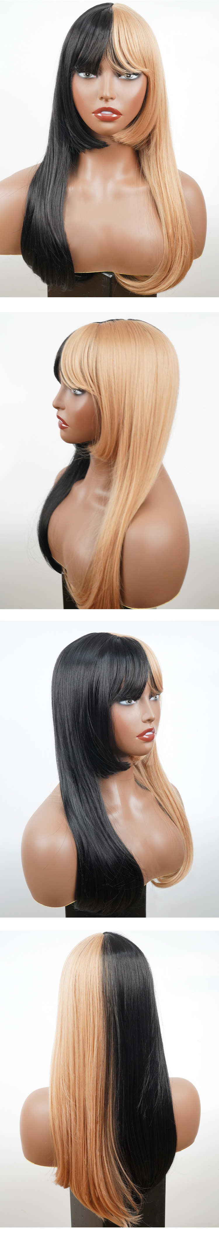 Wholesale new style chemical fiber headgear, full mechanism, middle parted two-color high temperature silk with bangs cosplay wigs_voghion.com