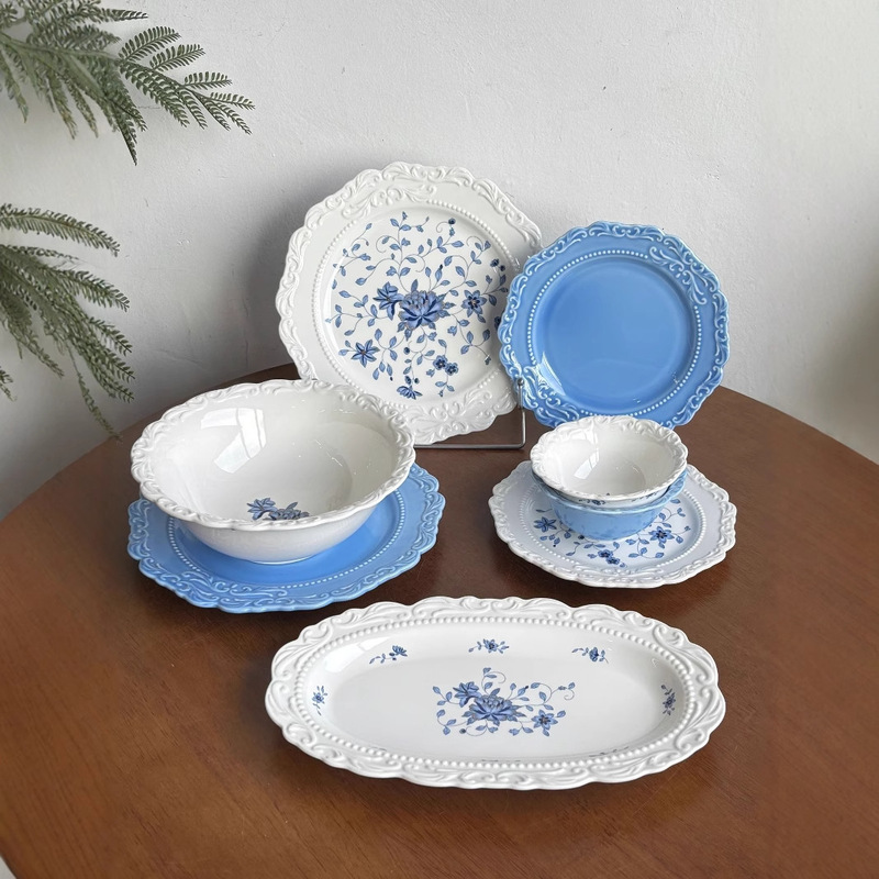 Especially Beautiful New Retro Blue Lace Dinner Plate French Ceramic Bowl Dessert Plate Home Tableware Set