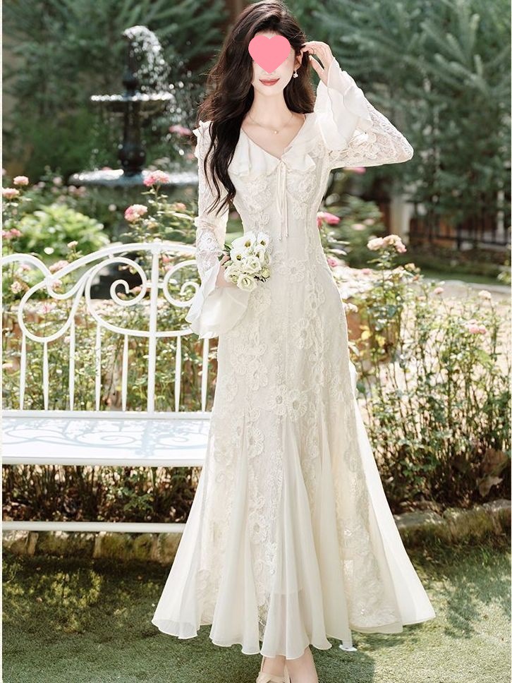 Autumn New Style French Gentle Style Lace Skirt Embroidered Collar Design Long-Sleeved Dress Fishtail Dress for Women