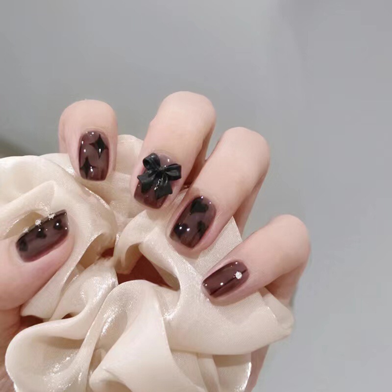 2022 New wear nail high-grade dark heart bow short fake nail patch manicure finished nail piece