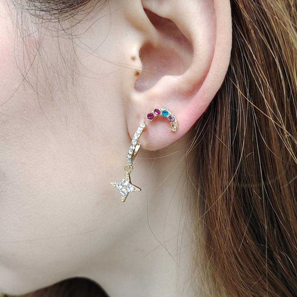 French Style Rhinestone Studs Ab Asymmetric Star Moon Ear Clip Creative Heart Lock Key Earrings display picture 3